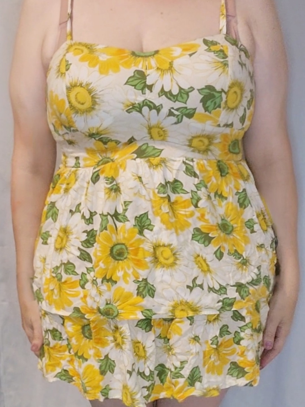 AUW Yellow Sunflower Tiered Mini Dress with Green Leaves